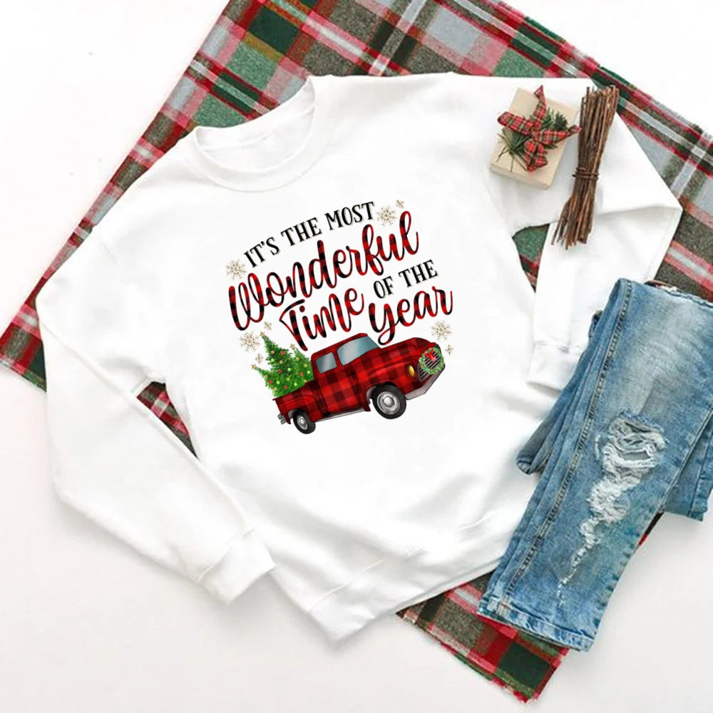 Christmas Hoodie - Wonderful Time Printed Party Holiday Sweater Xmas Outfit