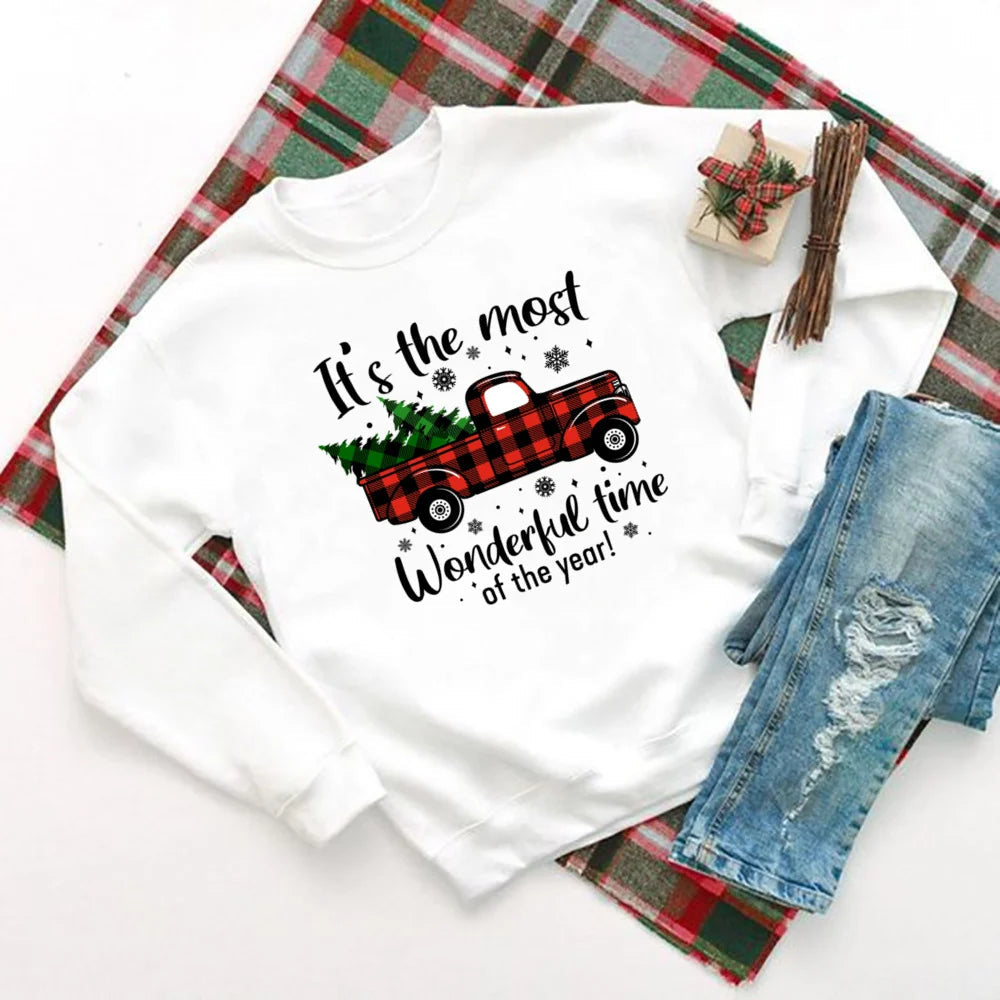 Christmas Hoodie - Wonderful Time Printed Party Holiday Sweater Xmas Outfit