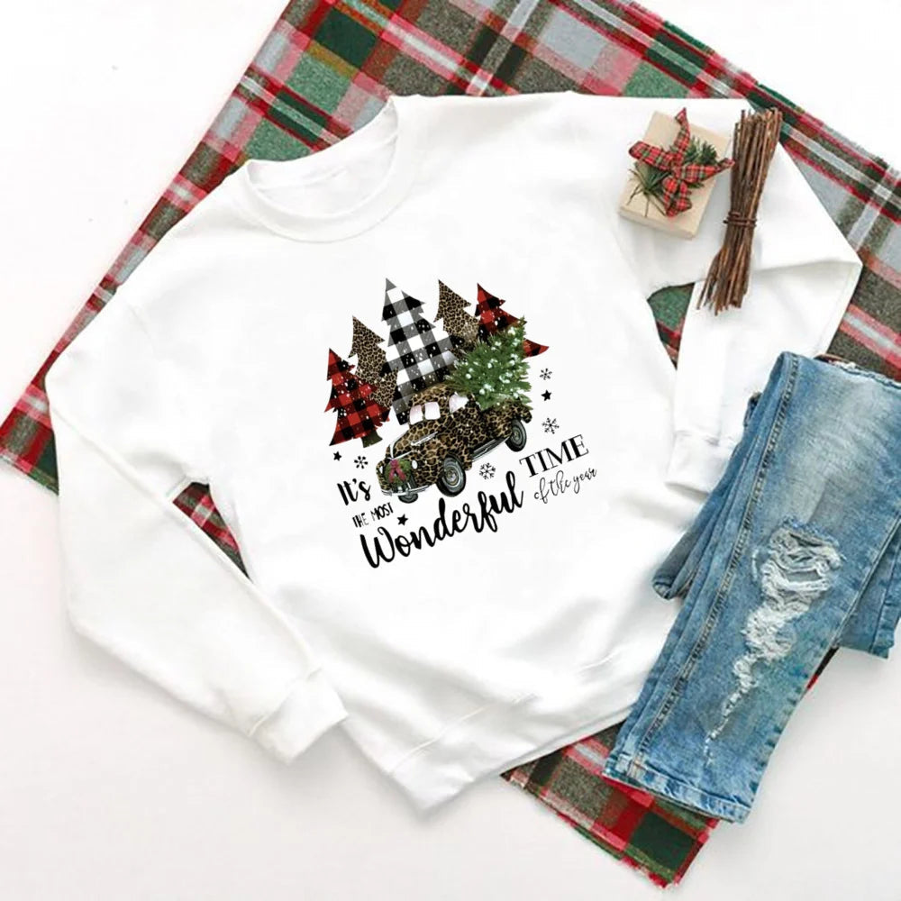 Christmas Hoodie - Wonderful Time Printed Party Holiday Sweater Xmas Outfit