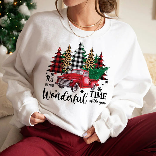 Christmas Hoodie - Wonderful Time Printed Party Holiday Sweater Xmas Outfit