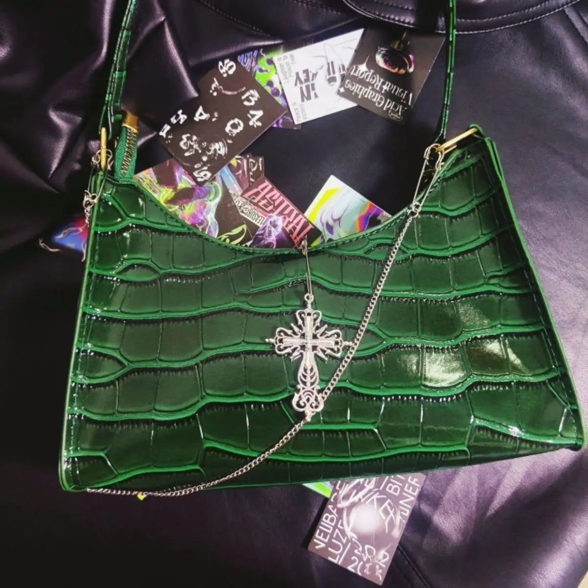 Punk Gothic Y2k High Street Cross Chains Crocodile Pattern Green Underarm Bag Main image