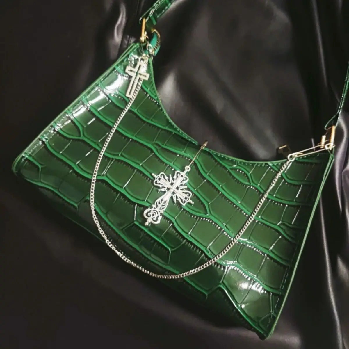 Punk Gothic Y2k High Street Cross Chains Crocodile Pattern Green Underarm Bag Secondary image