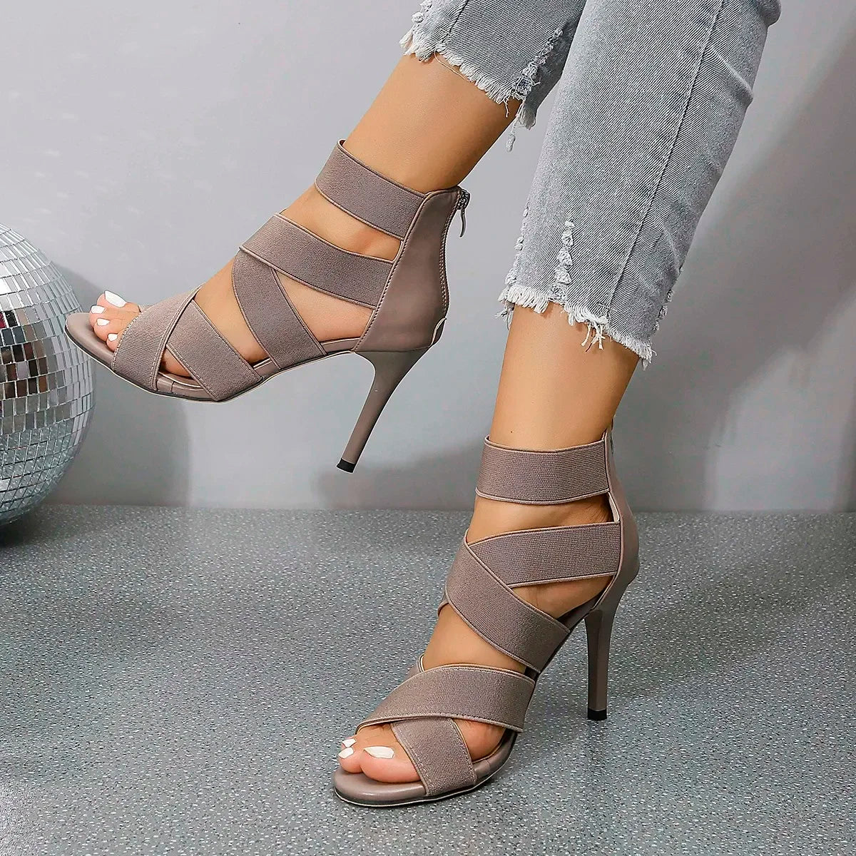 Versatile Khaki Beige Thin High Heel  Elastic Band Gladiator High Heel Main image
