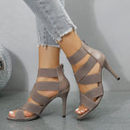 Versatile Khaki Beige Thin High Heel  Elastic Band Gladiator High Heel
