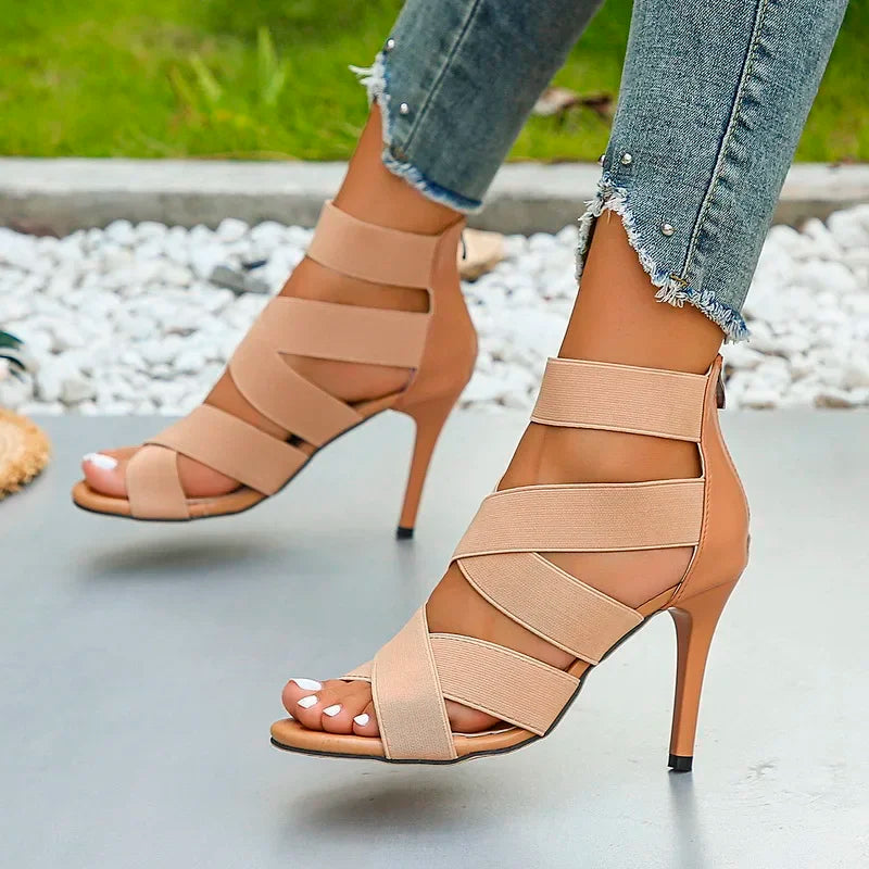 Stylish Khaki Super High Heel  Open Toes Elastic Crossover Zipper High Heel Secondary image