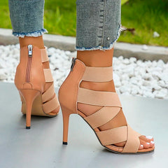 Stylish Khaki Super High Heel  Open Toes Elastic Crossover Zipper High Heel