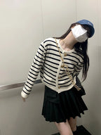 Fashion White Black Striped Knitted Female Winter Short Long Sleeve Cardigan