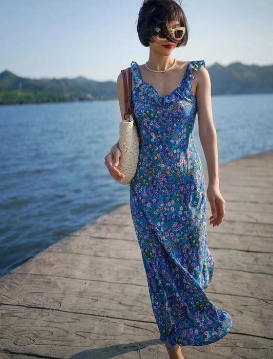 DressBetty - Fashionable Elegant Silk Floral Lotus Leaf Neckline Skirt