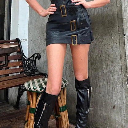 DressBetty - Leather Button Punk Party Streetwear Skirt