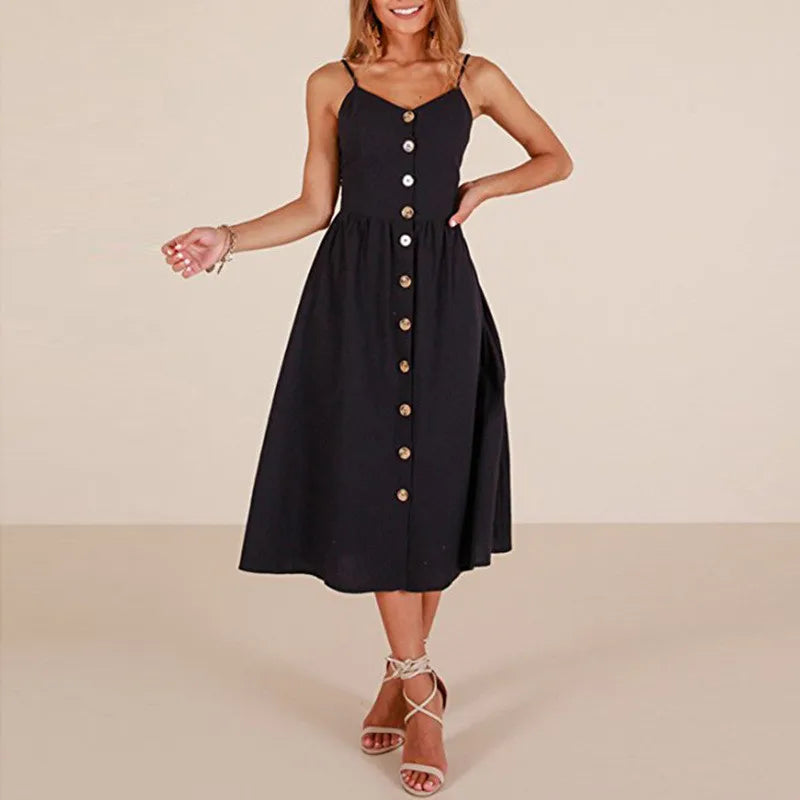 Suspender Button Backless V-Neck Midi Dress Main image