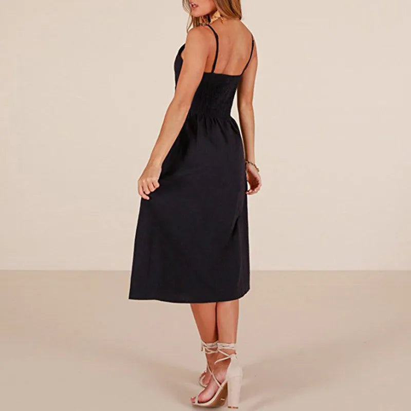 Suspender Button Backless V-Neck Midi Dress Secondary image