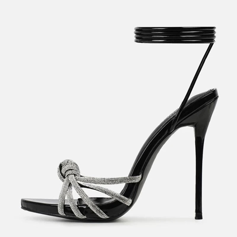 Bold  New Arrival Silver Crystal Narrow Band Open Toe High Heel