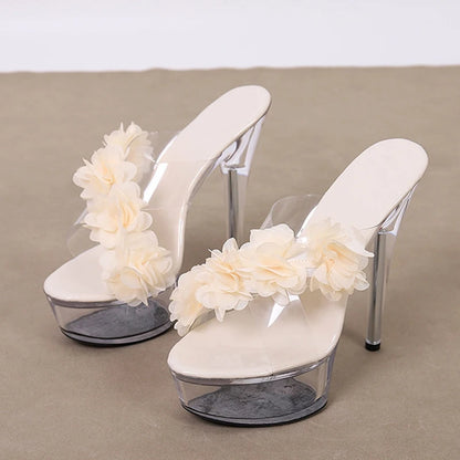 2024 New Fashion Pink Flowers Transparent High Heel High Heel