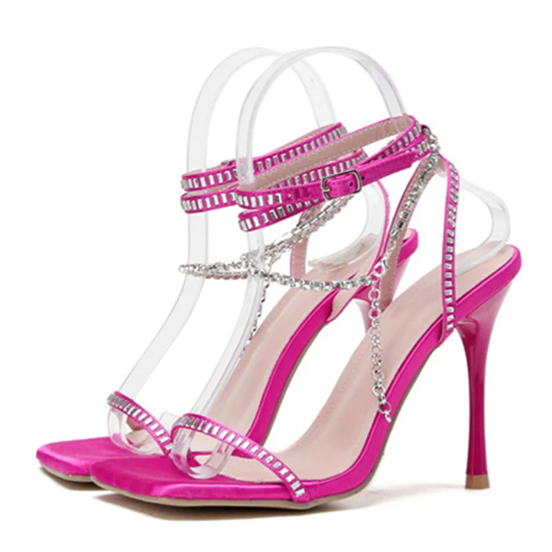 2024 New  Crystal Chain Ankle Strap Square Toe Rhinestone High Heel