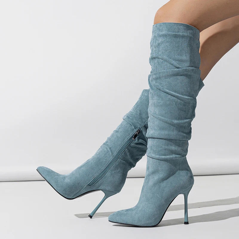 Stylish  Autumn Winter Pleated Denim Knee High Pointed Toe High Heel Main image