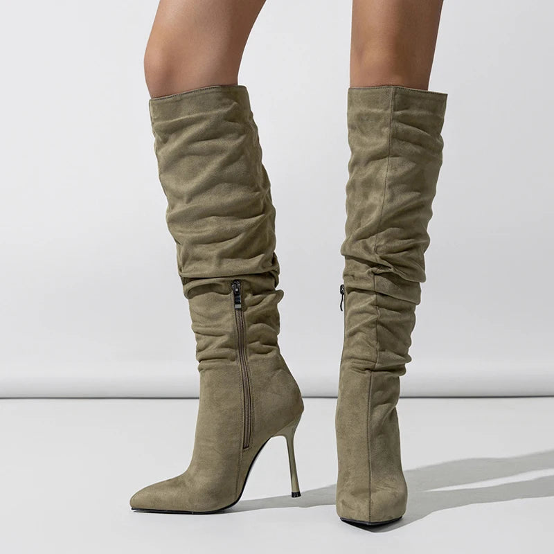 Stylish  Autumn Winter Pleated Denim Knee High Pointed Toe High Heel Secondary image