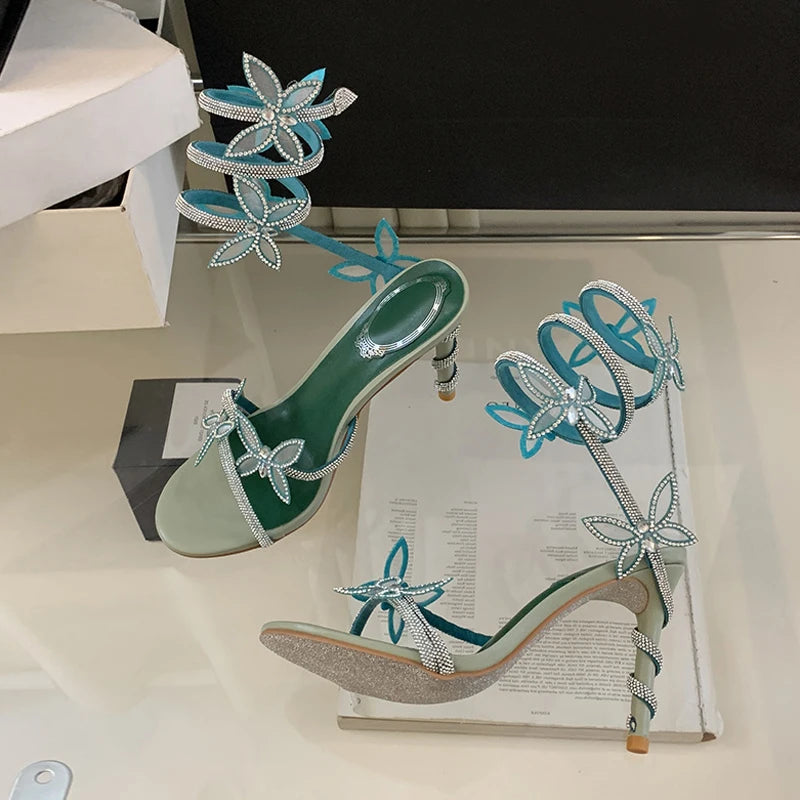 Designer  Green Gladiator Rhinestone Butterfly Ankle Strap High Heel Main image