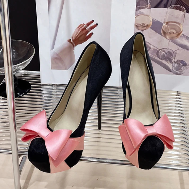 Fashion Design Bowknot Round Toe Platform Pumps High Heel