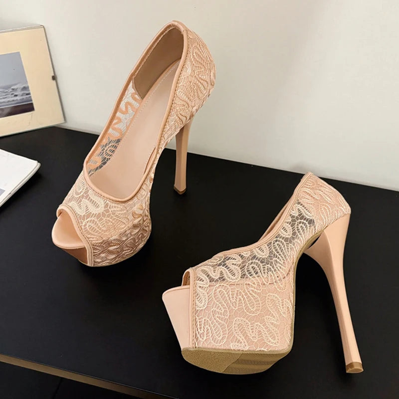Stylish  Fashion Design Embroidery Mesh Slingback Peep Toe High Heel Main image
