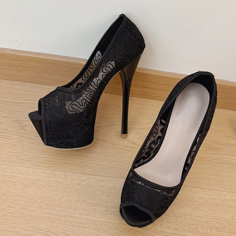 Stylish  Fashion Design Embroidery Mesh Slingback Peep Toe High Heel Secondary image