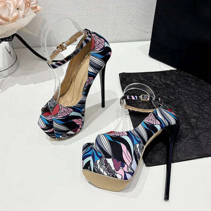 Trendy  Hand-Painted Leather Platform Peep Toe Strip High Heel