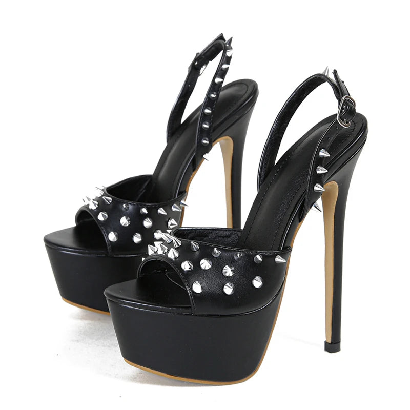 Fashion Design Metal Rivet Back Buckle Strap  Peep Toe High Heel