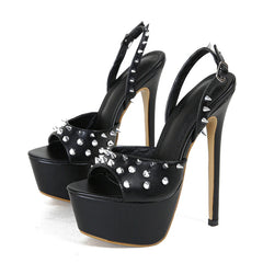 Fashion Design Metal Rivet Back Buckle Strap  Peep Toe High Heel
