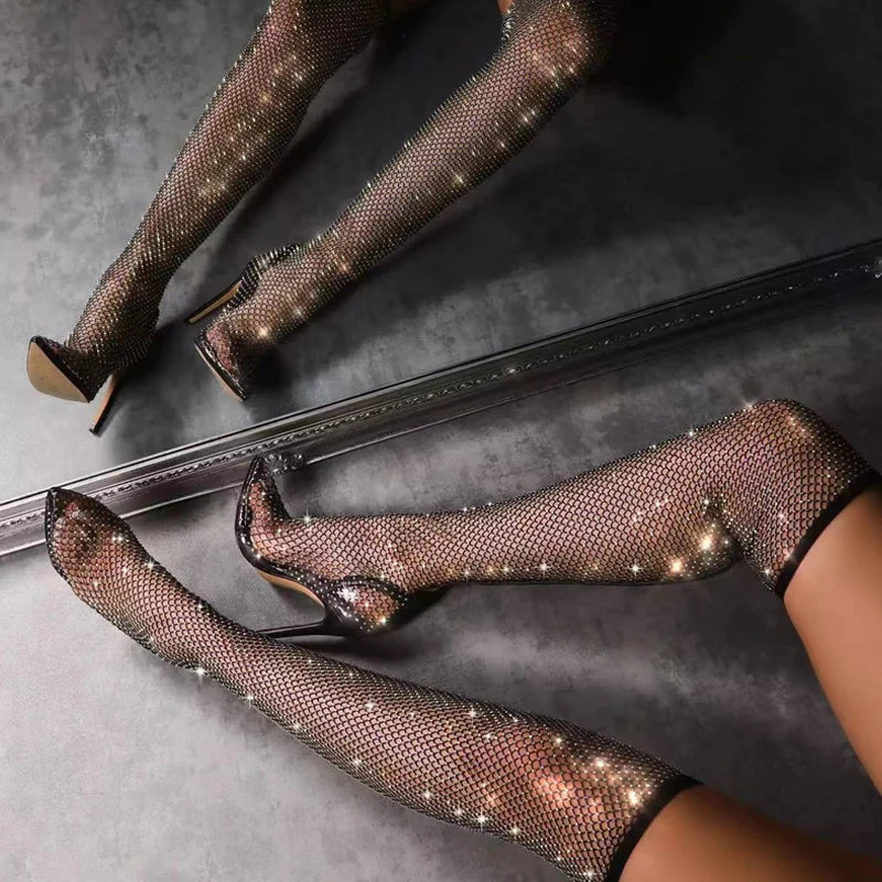 Fashionable  Rhinestone Fishnet Mesh Over-The-Knee Pointed Toe High Heel Main image