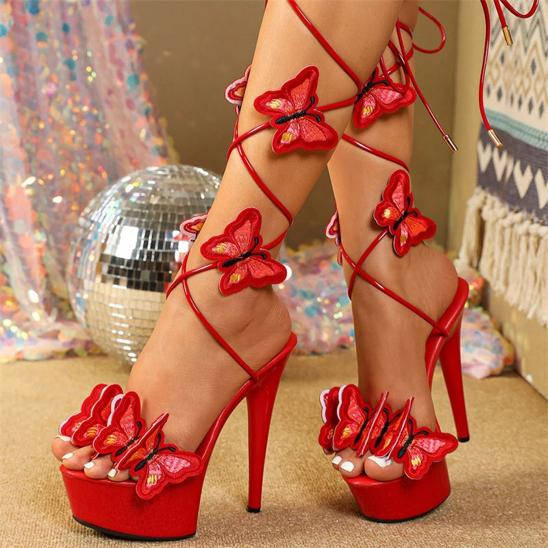 Handmade  Embroidery Butterfly Cross Ankle Strap Open Toe High Heel Secondary image