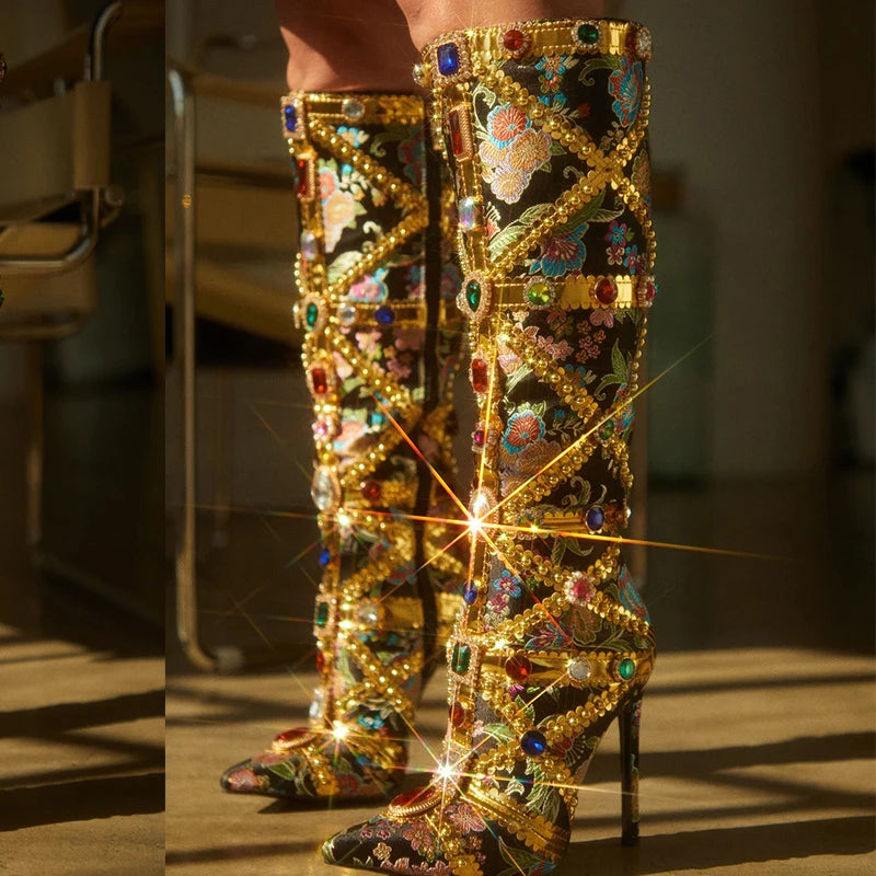 Runway Fashion Color Gem Knee High Handwork  Pointed Toe High Heel Main image