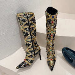 Runway Fashion Color Gem Knee High Handwork  Pointed Toe High Heel