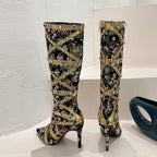 Runway Fashion Color Gem Knee High Handwork  Pointed Toe High Heel