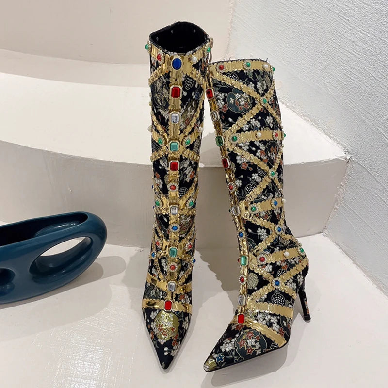 Runway Fashion Color Gem Knee High Handwork  Pointed Toe High Heel Secondary image
