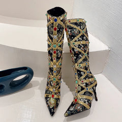Runway Fashion Color Gem Knee High Handwork  Pointed Toe High Heel