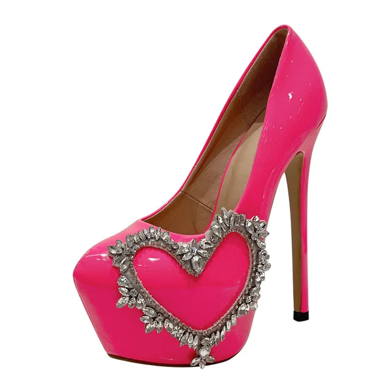 Runway Style Pink High Heel Round Toe Crystal Platform High Heel