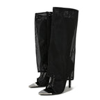 Metal Pointed Toe Black Mesh Knee High High Heel