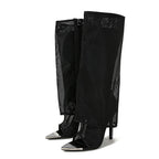 Metal Pointed Toe Black Mesh Knee High High Heel