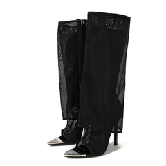 Metal Pointed Toe Black Mesh Knee High High Heel