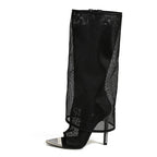 Metal Pointed Toe Black Mesh Knee High High Heel