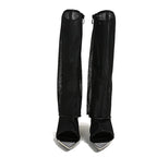 Metal Pointed Toe Black Mesh Knee High High Heel