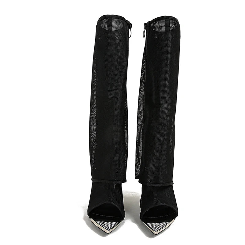 Metal Pointed Toe Black Mesh Knee High High Heel