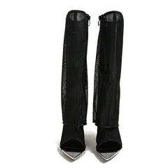 Metal Pointed Toe Black Mesh Knee High High Heel