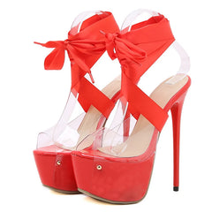 Red Thigh High Lace-Up Transparent High Heel Nightclub High Heel