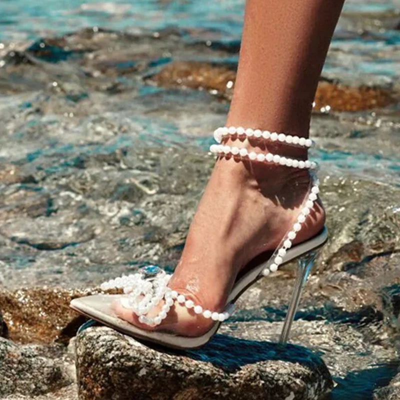 White String Bead Transparent Butterfly-Knot Pointed Toe High Heel Main image