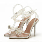 White String Bead Transparent Butterfly-Knot Pointed Toe High Heel