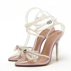 White String Bead Transparent Butterfly-Knot Pointed Toe High Heel
