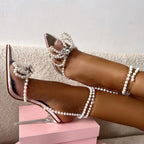 White String Bead Transparent Butterfly-Knot Pointed Toe High Heel