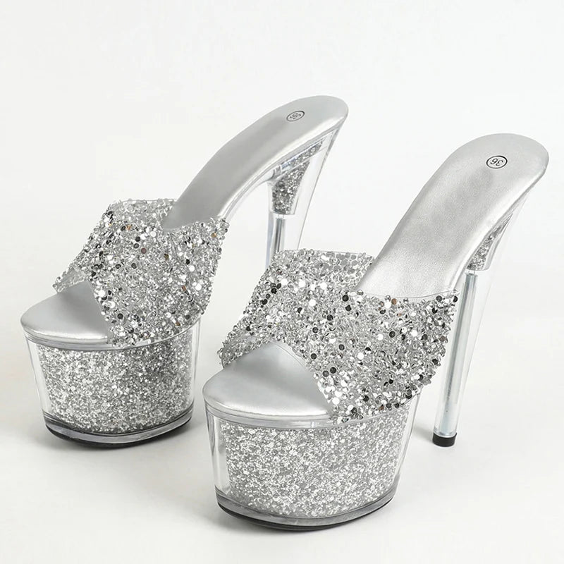 Size 34-43 Sexy 20CM Platform Sequined Transparent High High Heel