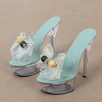 Size 35-43 Transparent Platform Slipper Mesh Bowknot High Heel