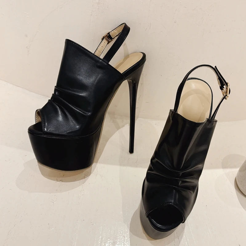 Summer Cozy Pleated Leather Super High Heel Peep Toe High Heel Secondary image